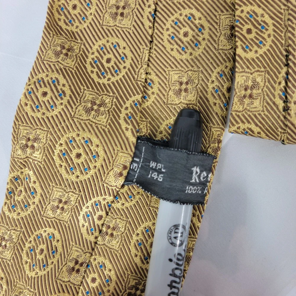 Vintage Regal Necktie Gold Blue Geometric Medallion Woven Formal Hoco Dapper